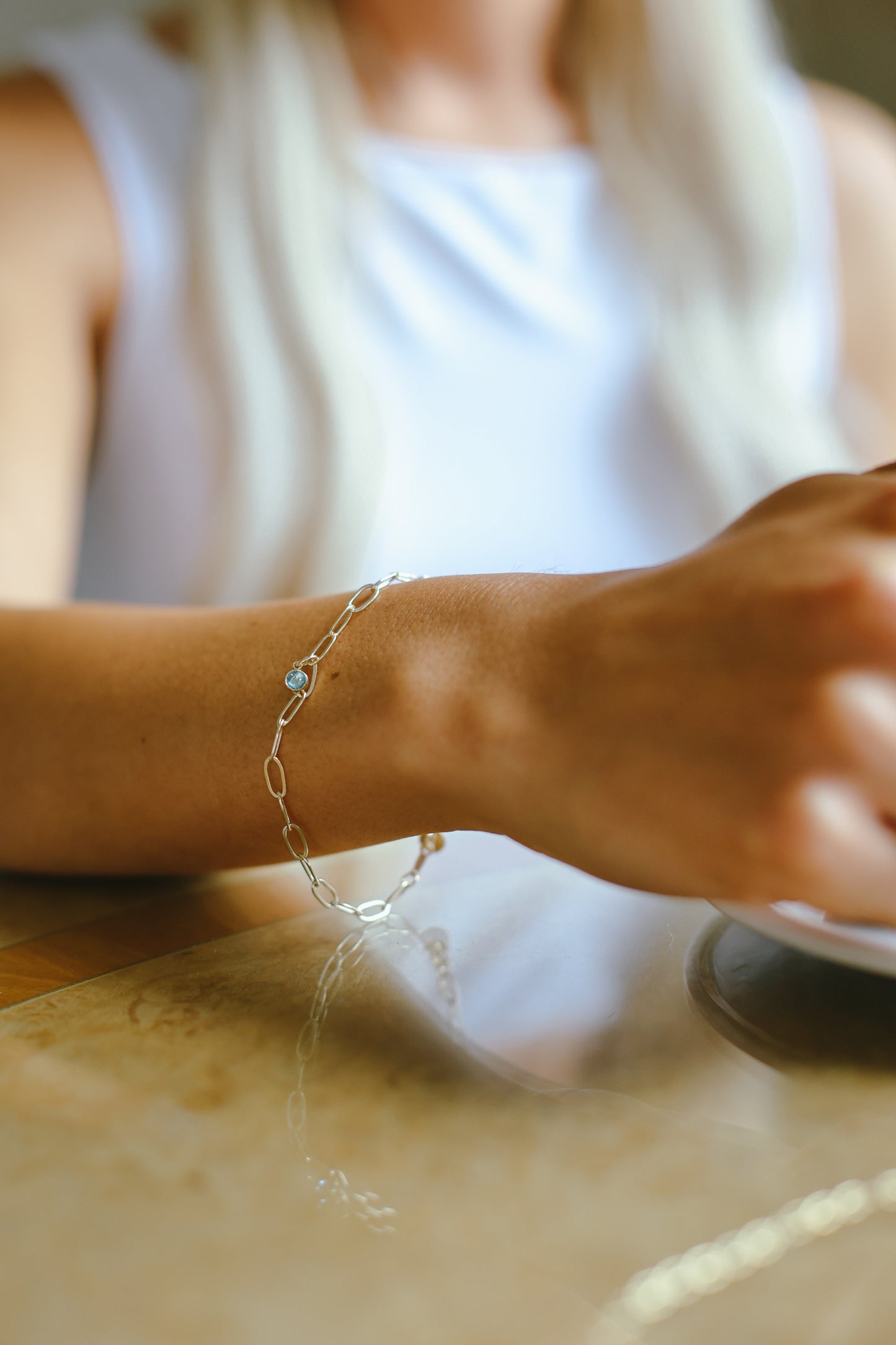 Drawn cable chain cubic zirconia charm bracelet, gold filled